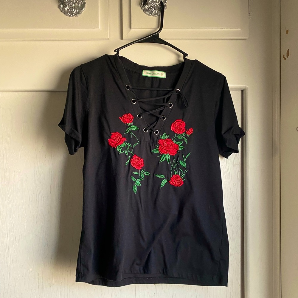 Black rose v neck tie up shirt